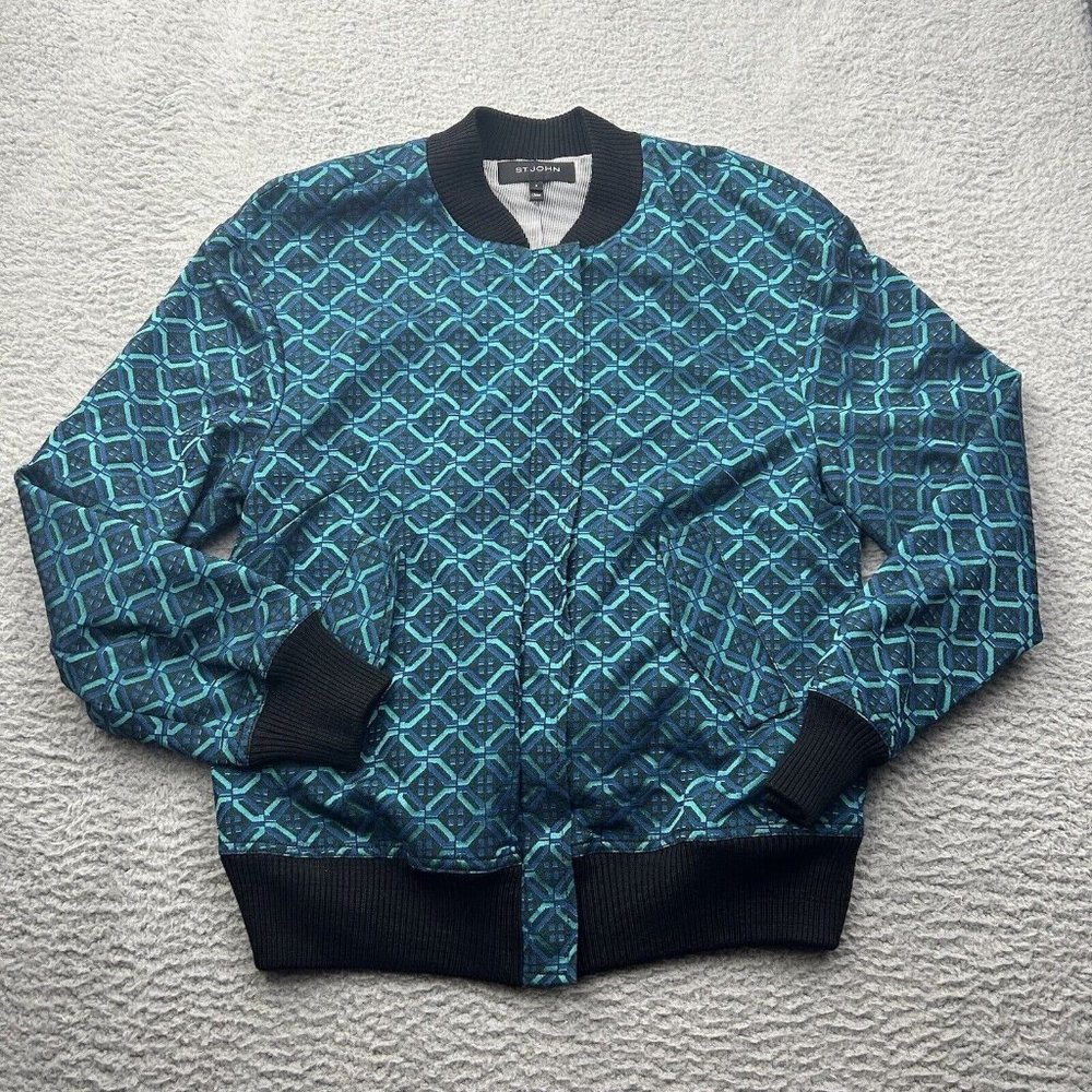 St John Printed Bomber Collar Teal Blue Green Size Small Women’s Jacket